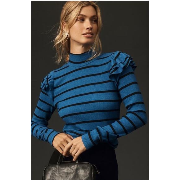 T.LA Anthropologie Turtleneck Top SZ Small NWT Ruffle Blue Black Stripe Stretch - Picture 1 of 12